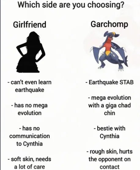 A meme asking "Which side are you choosing?" between "Girlfriend" (represented by a silhouette) and "Garchomp" (a Pokémon), listing humorous pros and cons for each option.