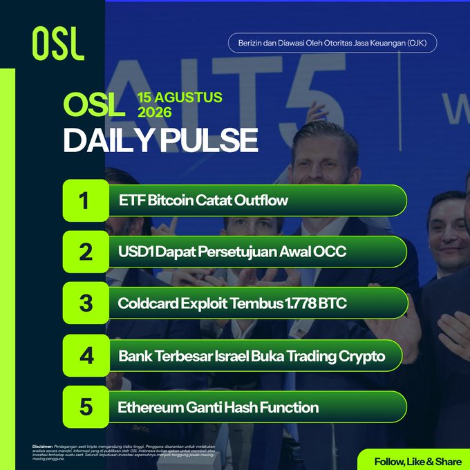 An OSL Daily Pulse graphic dated 15 Agustus 2026, listing five crypto news headlines in Indonesian, including ETF Bitcoin Outflows, USD1 OCC approval, a Coldcard exploit of 1.778 BTC, Israel's largest bank opening crypto trading, and Ethereum changing its hash function.
