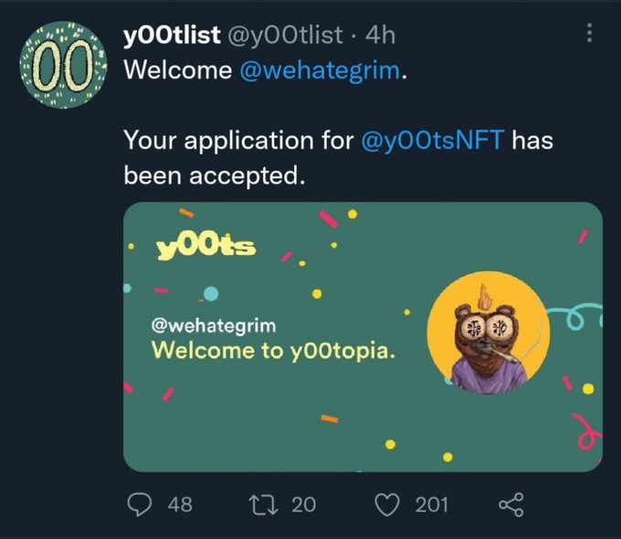 A tweet from user @y00tlist welcomes @wehategrim, showing a graphic that reads 'y00ts' and 'Welcome to y00topia' alongside an NFT character image.