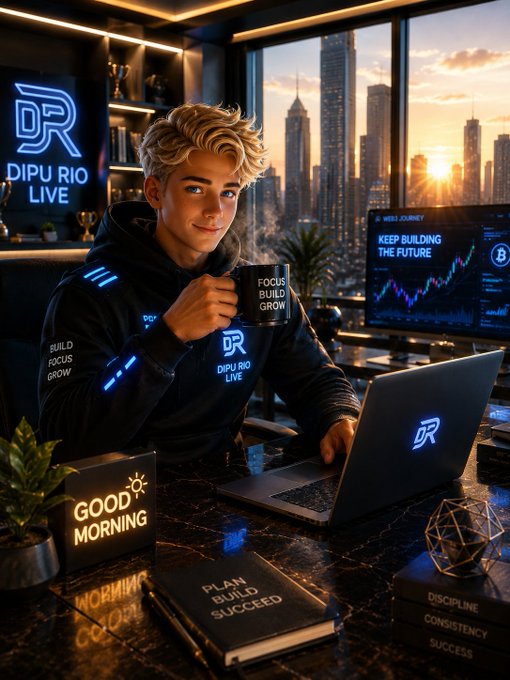 A young blond man sits at a marble desk in a high-rise office at sunrise, holding a "FOCUS BUILD GROW" mug while surrounded by motivational books ("PLAN BUILD SUCCEED," "DISCIPLINE CONSISTENCY SUCCESS"), a "GOOD MORNING" sign, and a laptop and monitor displaying "DIPU RIO LIVE" and "KEEP BUILDING THE FUTURE" with crypto charts—perfectly embodying the post's message of showing up daily, building consistently in Web3/AI/DeFi, and staying focused without hype.