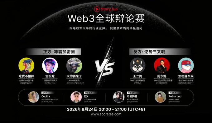 Promotional graphic for a "Web3全球辩论赛" (Web3 Global Debate) hosted by Story.fun, featuring a "雄需加密圆" (Pro side) with debaters "吃货不切胖," "空拉龙," and "大的要来了" facing off against the "逆势三叉戟" (Con side) team of "王二狗," "周东野," and "加密群东来," with additional commentary from Cecilia, 欧k, 币圈狗熊, and Robin Luo. The debate is scheduled for August 24, 2026, from 20:00-21:00 (UTC+8) at www.socrates.com, aligning with the post's anticipation of watching both teams clash live at the 8pm Space event.
