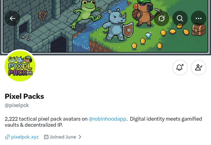 A Twitter/X profile for 'Pixel Packs' (@pixelpck) showing pixel art avatars of characters like a frog, rhino knight, and miner, with the description '2,222 tactical pixel pack avatars on @robinhoodapp'.