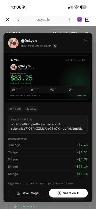 Screenshot of useyap.fun showing creator profile @0xLyzn ranked #1 of 298 on YAP with $83.25 earned, 558 supporters, and recent payouts ranging from +$4.51 to +$46.14.