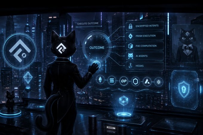 A futuristic digital illustration of a cat-headed figure in a suit operating a holographic control panel with options including Encrypted Intents, Prism Execution, FHE Computation, AI Agents, and Hooks.