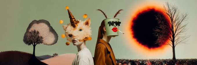 A surreal digital collage shows two figures with unusual headwear—a fluffy unicorn mask and a bucket with antennae and the word "NEW" alongside lips—against a muted green sky with stylized trees and a fiery solar eclipse.