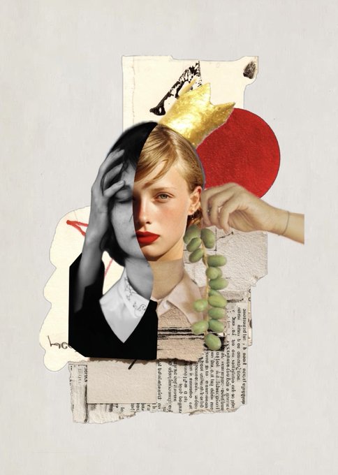 A mixed-media collage featuring a fragmented portrait of a woman with red lips, composed with vintage paper scraps, golden leaf accents, a bold red circle, and a string of green grapes.