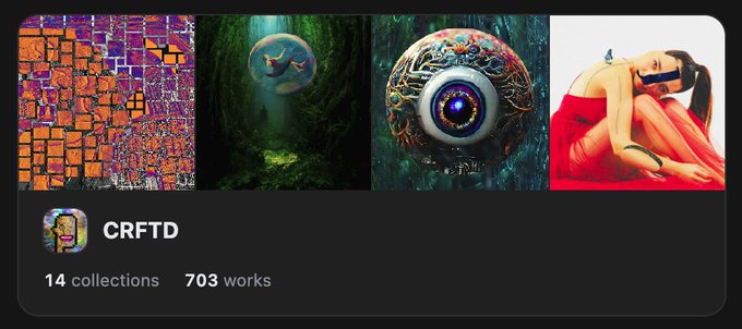 An NFT collection profile page for 'CRFTD' showing 14 collections and 703 works, displaying four sample artwork pieces including a colorful mosaic, an eye in a forest, a textured eyeball, and a figure with blue butterflies.