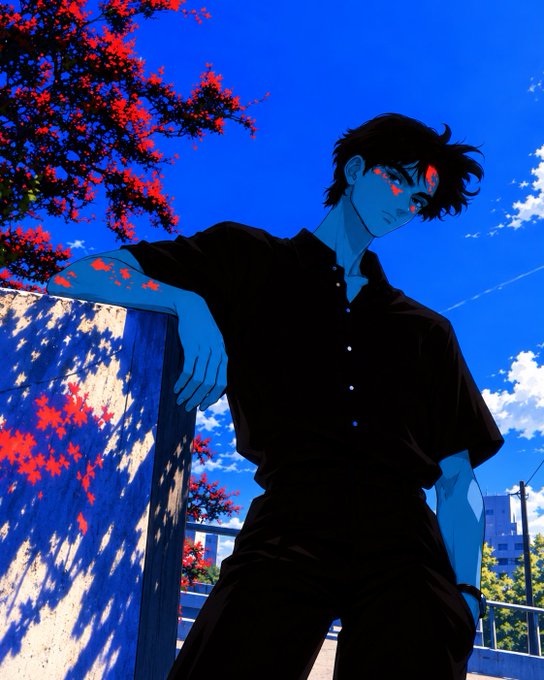 A vibrant anime-style illustration of a young man with dark hair wearing a black shirt, leaning against a wall under a vivid blue sky with red-flowered tree branches overhead.