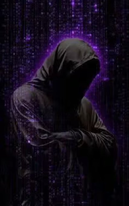 A hooded figure is depicted with their head bowed against a backdrop of purple digital code and glowing particles, evoking themes of anonymity, secrecy, and the digital realm. The image complements the post's message about quietly accumulating wealth through early positioning in digital assets, symbolizing the mysterious and tech-driven nature of crypto success.