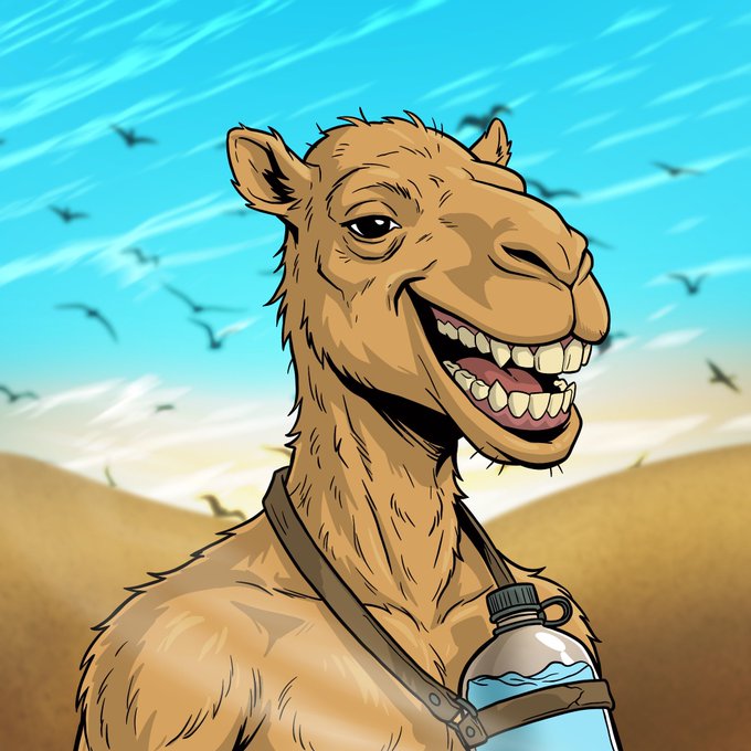 A digital illustration of a smiling, toothy camel wearing a strap with a water bottle around its neck, set against a desert landscape with flying birds.
