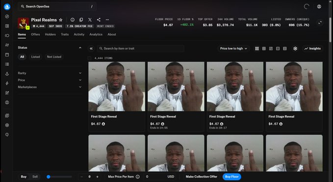 A screenshot of the OpenSea NFT marketplace shows a collection called "Pixel Realms" featuring multiple identical thumbnails of a person making an obscene gesture, listed at $4.07 with a floor price of $4.07.