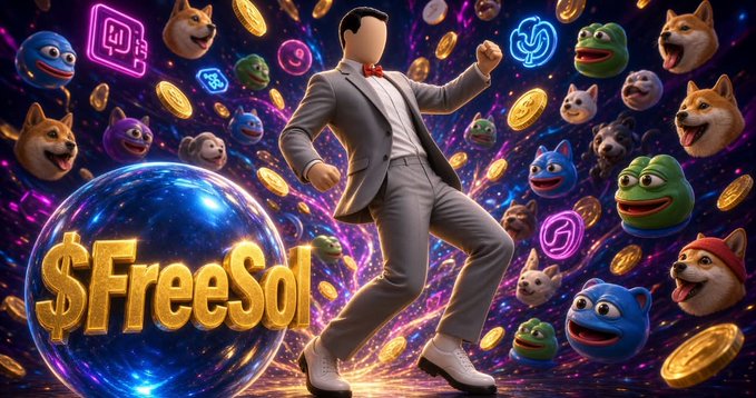 A 3D-rendered man in a gray suit dances joyfully in front of a sphere displaying "$FreeSol," surrounded by floating meme faces and gold coins.