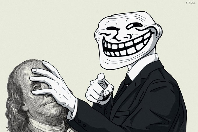 A Trollface meme character in a suit grabs Benjamin Franklin from a $100 bill, while Franklin's visible eye peeks out with a worried expression, visually personifying the post's directive to keep accumulating the $TROLL token despite "losing" money to the troll. The "#TROLL" text in the top right corner reinforces the meme's branding.