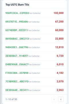 A screenshot titled 'Top USTC Burn Txs' listing transaction data with addresses and amounts in red text, including entries like '95DFC3CA...C2FED2' with '102,000'.