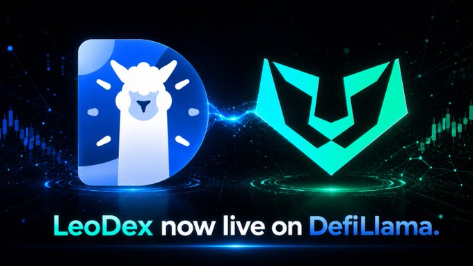 Promotional banner with blue alpaca and green geometric logos reading 'LeoDex now live on DefiLlama.' against a dark background with chart graphics.