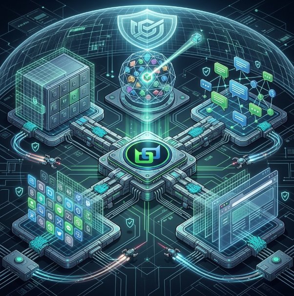 A futuristic digital artwork depicting a high-tech network system with servers, a central shield, interconnected devices, and chat bubbles in a cyber-technology style.