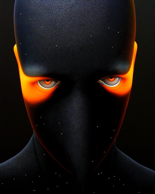 A close-up digital portrait of a featureless black humanoid figure with glowing orange light radiating from around its eyes and the sides of its head.