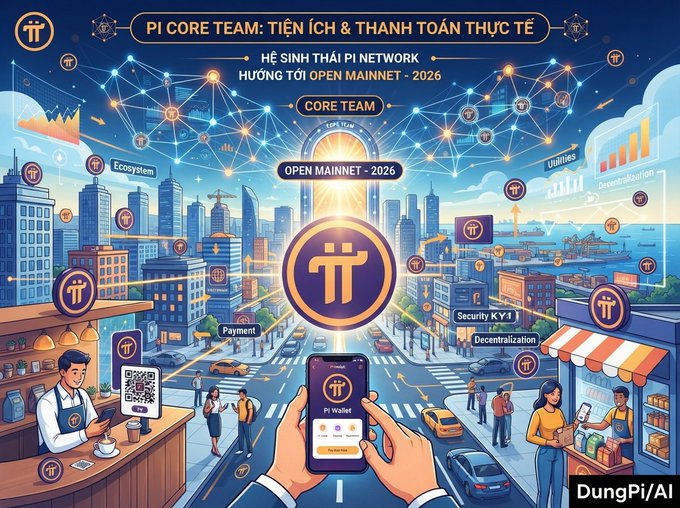 A promotional graphic titled 'PI CORE TEAM: TIỆN ÍCH & THANH TOÁN THỰC TẾ' and 'HỆ SINH THÁI PI NETWORK - HƯỚNG TỚI OPEN MAINNET - 2026', depicting a futuristic cityscape with Pi cryptocurrency icons, marked 'DungPi/AI'.