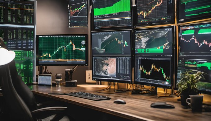A multi-monitor trading setup displays various stock charts and financial data, with a keyboard, mouse, and coffee mug arranged on the wooden desk.