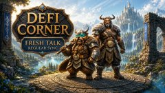 A fantasy-themed banner for 'DeFi Corner' featuring the tagline 'FRESH TALK REGULAR SYNC' and showing two armored Viking-like characters in a mountainous landscape.