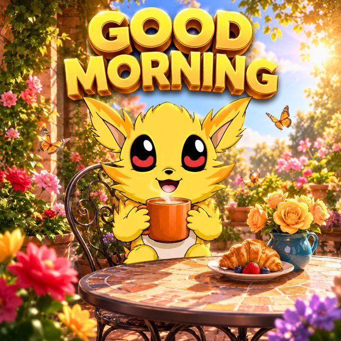 A cheerful yellow cartoon creature resembling Pikachu holds a coffee mug at a sunlit garden table set with a croissant, berries, and flowers beneath the bold "GOOD MORNING" text, serving as an inviting GM (good morning) graphic for the Web3 giveaway post promoting Companeons NFTs and the Solana Sky Pilots ecosystem.