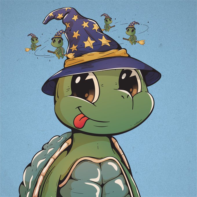 A cartoon turtle wearing a wizard hat has tiny witch-hat turtles riding brooms around it. The image illustrates the post's theme of being "shell-shocked"—a disappointed turtle (likely a "shellmate") discovering their founder has rugged the project and disappeared.
