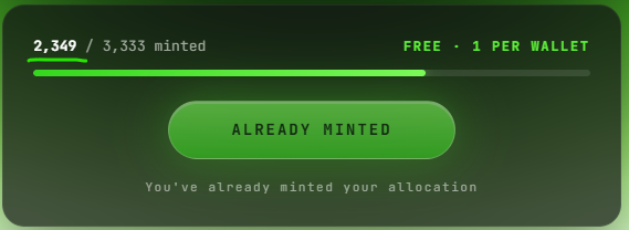This image shows that 2,349 out of 3,333 items have been minted, with a limit of "FREE - 1 PER WALLET". The "ALREADY MINTED" button and text confirm that the user has already reached their allocation.