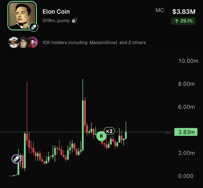 A screenshot of the "Elon Coin" ($GY9m...pump) crypto token page shows a market cap of $3.83M, up 29.1%, with 10K holders—including MaisonGhost—and a price chart displaying a sharp spike followed by consolidation near the current level. The image humorously supports the post's claim that no meme coin has a better shot at catching Elon Musk's attention than one literally named after him.