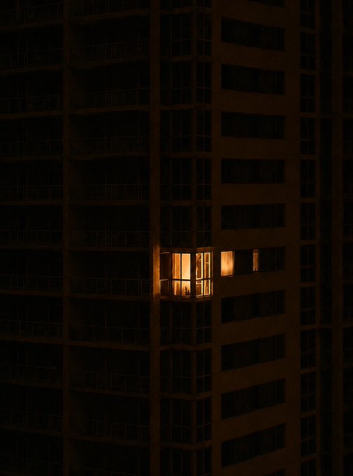 A single illuminated window glows warmly against the dark facade of a high-rise apartment building at night, mirroring the lonely late-night scene of a solitary trader awake watching the markets.