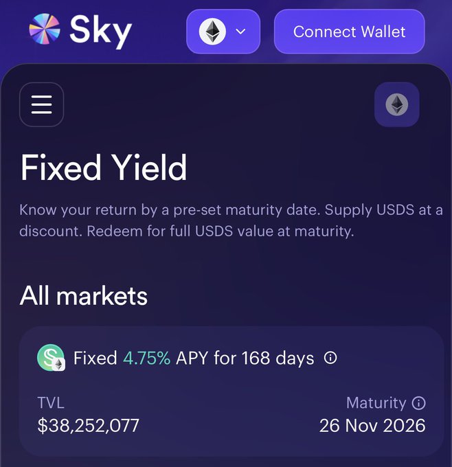 The image shows a screenshot of an app screen from Sky with some text on it. The main information displayed is about fixed yield features, including details such as the type of yield, the maturity date, and the payment terms. Furthermore, there's a lock button that can be used to lock savings rates directly into the product within the app. This integration allows users to conveniently manage their investments through Sky natively while also benefiting from the Pendle payment gateway system. The main focus is on the user experience of the application in managing and growing their savings rate using Sky's native features and integration with Pendle.
