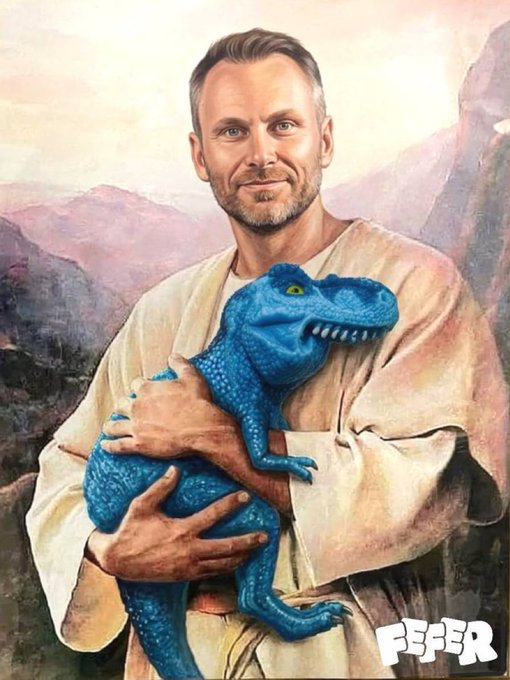 An artistic painting-style portrait of a man in robes holding a blue dinosaur/iguana, with a 'FEJER' watermark in the bottom right corner.