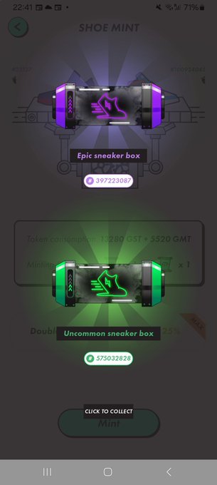 A mobile app screen titled 'SHOE MINT' displays Epic and Uncommon sneaker box minting options with cryptocurrency costs in GST and GMT tokens.