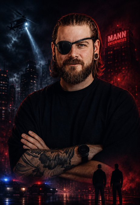 A bearded man with an eye patch and heavy arm tattoos stands with crossed arms against a dramatic cityscape backdrop featuring a helicopter and a building labeled "MANN ENTERPRISES," while two silhouetted figures and police cars appear at the bottom. The image relates to the post by portraying the subject as a menacing villain character from a comic-book-style thriller, suggesting the user is humorously casting him as a shady crypto promoter pushing his XRP holdings.