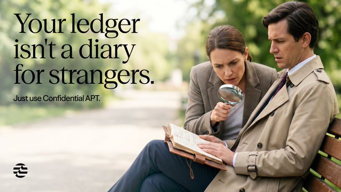 A woman and man pore over a book with a magnifying glass, illustrating the text "Your ledger isn't a diary for strangers. Just use Confidential APT." The image relates to the accompanying post by visually representing the idea of private information being scrutinized, which confidential APT aims to prevent.