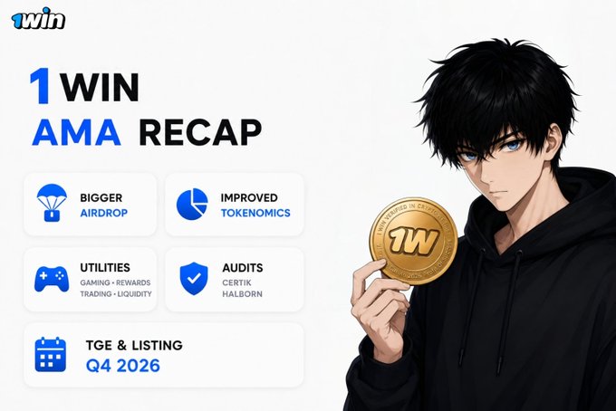 A '1WIN AMA RECAP' graphic featuring an anime-style character holding a 1WIN token coin, with highlights including BIGGER AIRDROP, IMPROVED TOKENOMICS, UTILITIES, AUDITS (CERTIK, HALBORN), and TGE & LISTING Q4 2026.