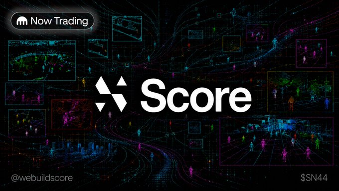 The image displays a promotional banner for Score (subnet $SN44), featuring the Score logo and wordmark centered against a dark, data-driven background with colorful network visualizations, while a "Now Trading" badge in the top-left and the Kraken-related context confirm its newly listed status on the exchange.
