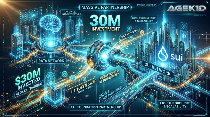 A futuristic tech graphic announcing a '$30M INVESTMENT' partnership between 'AGEKID' and the 'SUI NETWORK,' highlighting features like 'AI & WEB3 INFRASTRUCTURE,' '1:1 TOKEN SWAP,' and 'HIGH THROUGHPUT & SCALABILITY.'