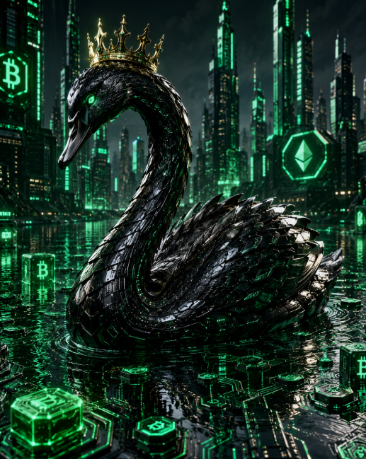 A digital artwork featuring a black crowned swan in water, set against a futuristic green-lit cyberpunk cityscape with Bitcoin and Ethereum symbols floating nearby.