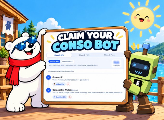 A colorful cartoon scene shows a polar bear and a green robot beside a sign reading “CLAIM YOUR CONSO BOT,” with steps including “Connect X,” “Connect Sui Wallet,” “Phase 1: GTD,” “Phase 2: FCFS,” and “Phase 3: Public.”