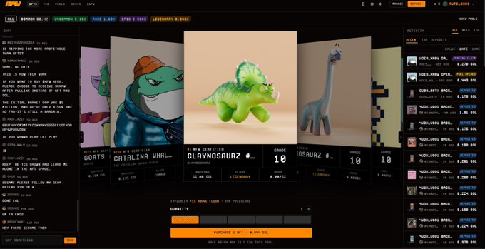 Screenshot of the Rally.io NFT marketplace showing 3D dinosaur collectibles including 'CLAYNOSAUR #_' and 'GERTIE' with a leaderboard and chat on the left.