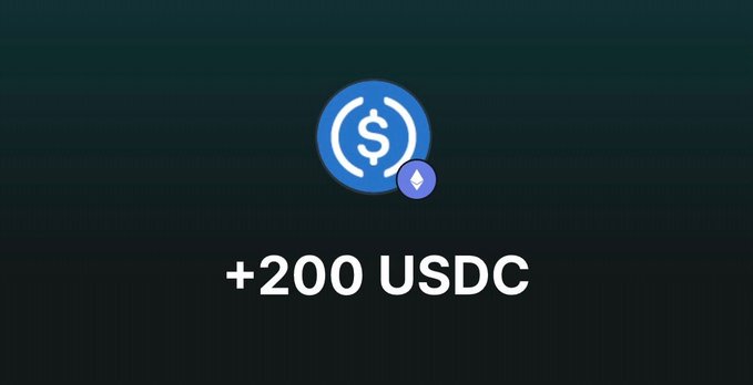 A graphic displays the USDC token logo next to an Ethereum logo, with the text '+200 USDC'.