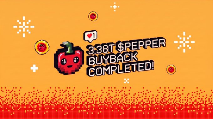 A pixel art graphic on an orange background announces '3.38T $PEPPER BUYBACK COMPLETED!' featuring a red pepper character and small coins.