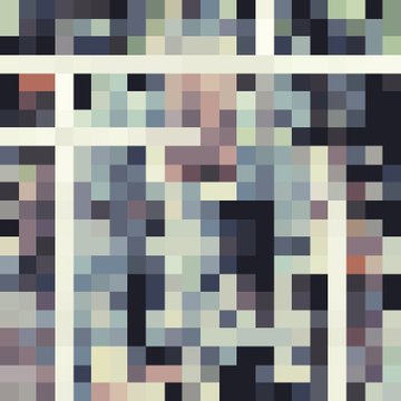 A highly pixelated, low-resolution image that appears to show a figure in a dark setting, possibly a person in a dark room or doorway.