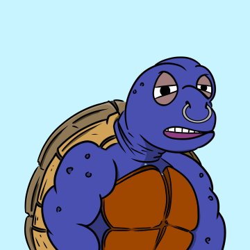 A cartoon illustration of a muscular blue turtle with a brown shell, wearing a nose ring and showing teeth, displayed against a light blue background.