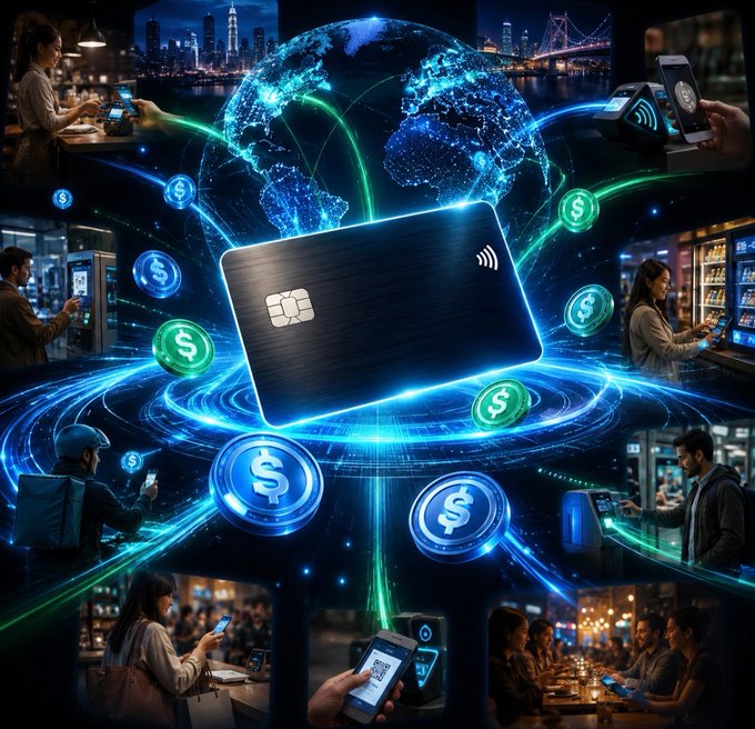 A central black credit card with a contactless symbol hovers over a glowing digital globe, surrounded by floating dollar signs and connected by light streams to various scenes of people using smartphones and point-of-sale terminals for everyday transactions—illustrating the rapid, global expansion of stablecoin card spending projected to reach $50 billion annually by 2028 according to RedotPay.