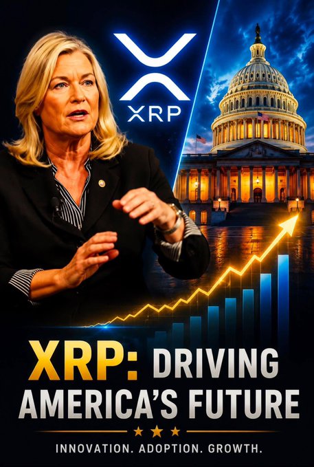 Promotional graphic featuring XRP logo, the U.S. Capitol building, and a woman, with text 'XRP: DRIVING AMERICA'S FUTURE - INNOVATION. ADOPTION. GROWTH.' alongside an upward trending chart.