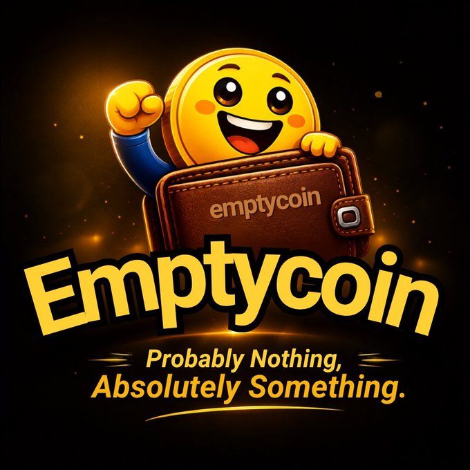 A logo for 'Emptycoin' showing a yellow smiling coin character emerging from a brown leather wallet, with the tagline 'Probably Nothing, Absolutely Something.'
