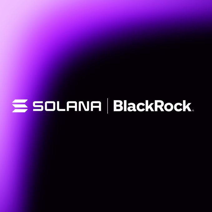 The image displays the logos of "SOLANA" and "BlackRock," symbolizing their collaboration in issuing tokenized fund shares on the Solana blockchain. This partnership signifies a new era where traditional financial assets can be tokenized and transacted on blockchain technology.