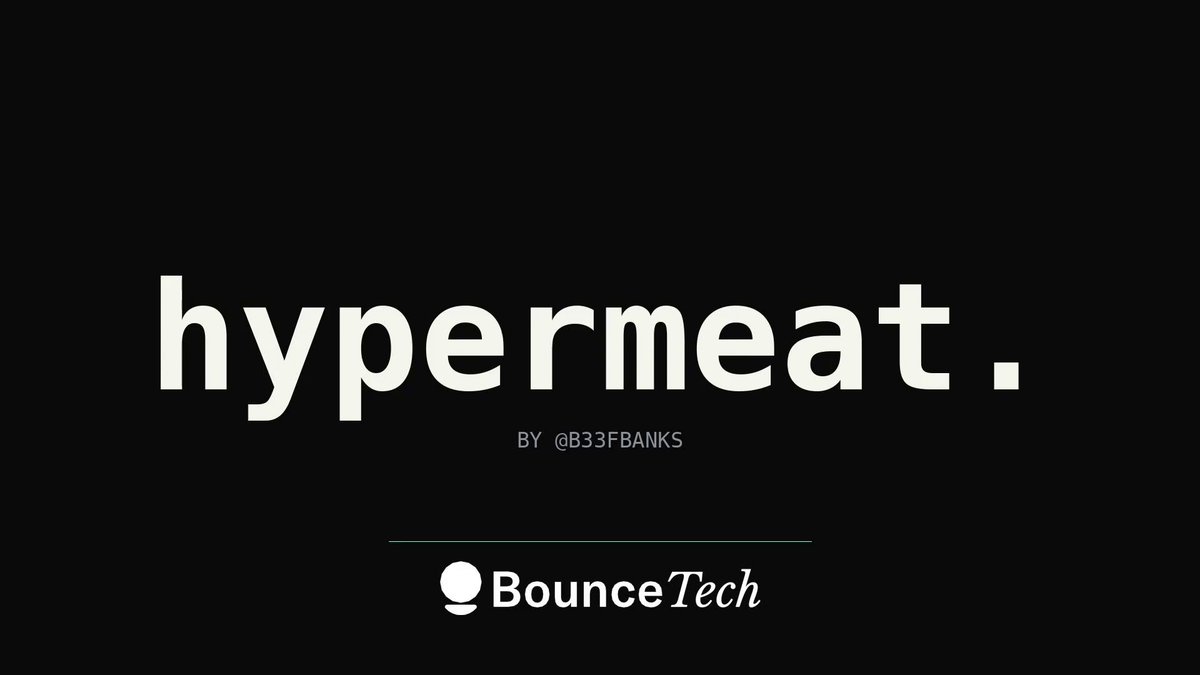 The image features a black background with white text that reads "Hypermeat." The text is written in all capital letters, making it stand out against the dark backdrop. Below this title, there are two lines of smaller text that read "by @QuodBanks" and "@BounceTech". These texts provide information about the creator or sponsor of the image.