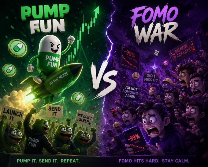 A stylized 'Pump Fun vs FOMO War' illustration contrasting a green 'To the Moon' rocket scene with bullish green frogs against a purple bearish crowd scene with signs reading 'BUY NOW OR CRY LATE' and 'DID I MISS IT'.